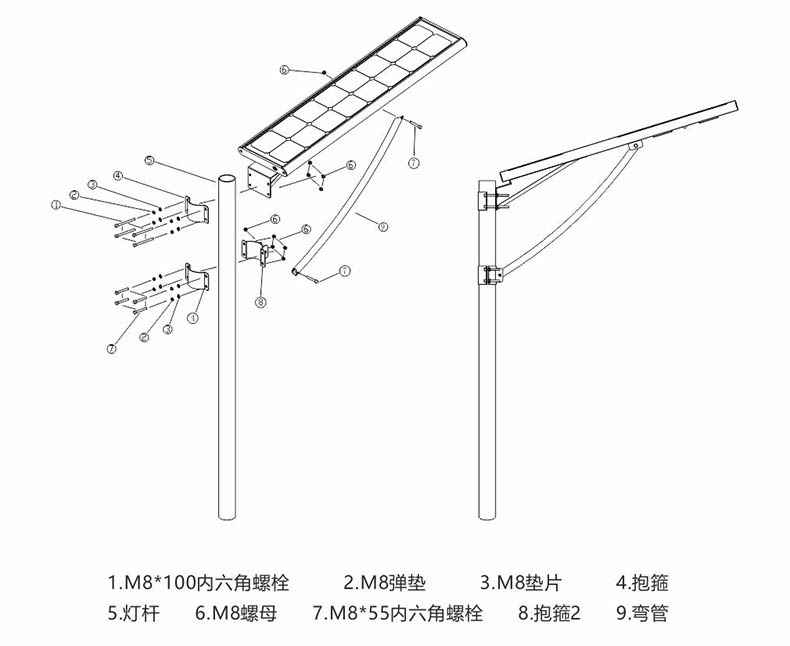 東莞蝴蝶视频污下载照明抱箍式一體化LED太陽能路燈安裝示意圖