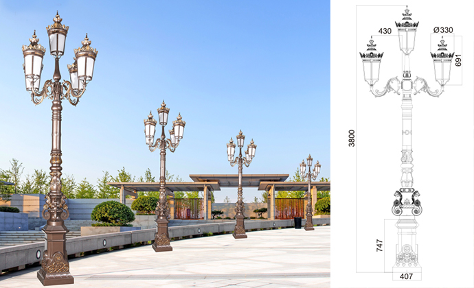 (QDTYD-JZ002)3.8米精鑄鋁馬頭5火仿古庭院燈安裝效果和圖紙