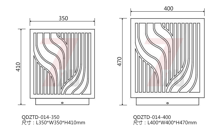 (QDZTD-014)古銅拉絲割花方形矮柱柱頭燈350mm、400mm大規格尺寸示意圖